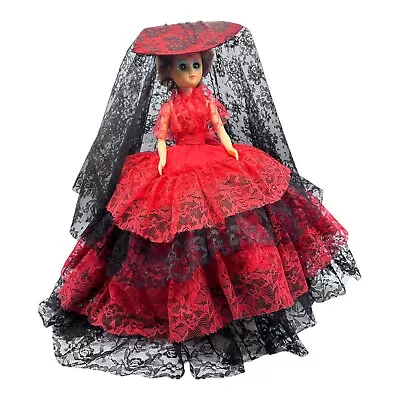 Vtg Spanish Doll Red Black Lace Dress Hat Veil Flamenco Dancer Collectible 18” • $23.99