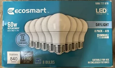 (8-Pk) EcoSmart A19 Dimmable LED Light Bulb Daylight 60-Watt Equivalent  • $20