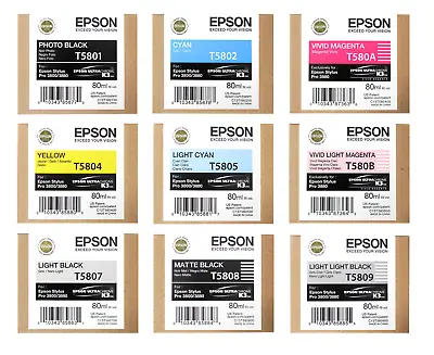 9x Original Epson T5801 T5802 T5803 T5804 T5805 - T5809 Ink Stylus Pro 3800 • $596.84