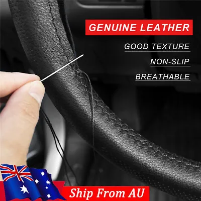 GENUINE Black  Leather Car Auto Steering Wheel Glove Cover Cowhide Hand Sew AU • $14.54