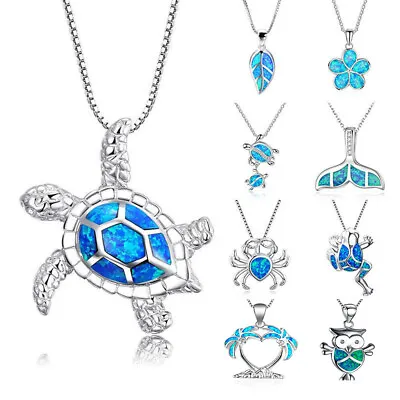 1PC Silver Filled Blue Opal Sea Turtle Cutout Pendant Women Necklace Beach Gift • £2.75