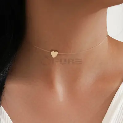 Minimalist Invisible Silver Line Women Gold Heart Shaped Pendant Choker Necklace • £3.99