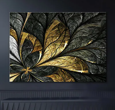 Gold Leaf Canvas Picture Black Over Chest Of Drawers Lowboard Sideboard Mural XL • £91.94