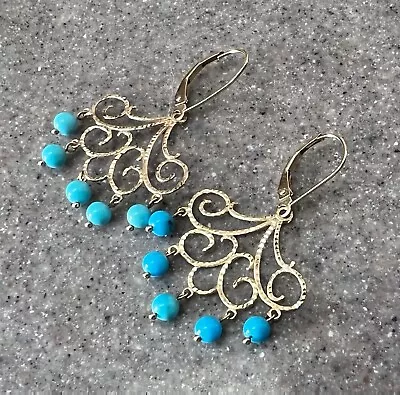 Vintage 14K Yellow Gold Blue Turquoise Drop Dangle Chandelier Earrings • $299