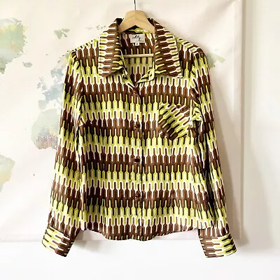 VTG Milly Top Size 12 Brown Green Retro 100% Silk Long Sleeve Runs Small • $33.99