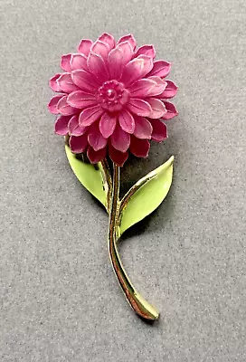 Vintage Signed JJ Purple Zinnia Flower Celluloid Green Enamel Leaf Brooch PIn • $14.95