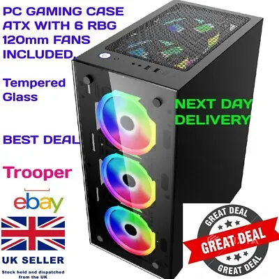 PC GAMING CASE ATX WITH 6 RBG 120mm FANS INCLUDED Tempered Glass - Trooper • £49.99