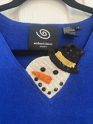 2003 MICHAEL SIMON EVENT Sweater Size Small Blue Snowman Pullover 3/4 Sleeve • $75