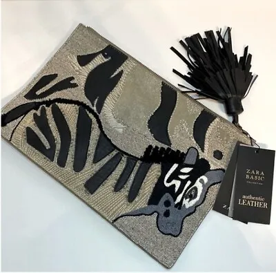 NWT ZARA Leather Embroidered Clutch Grey Zebra Tassel Studs Oversized Boho Party • $21.13