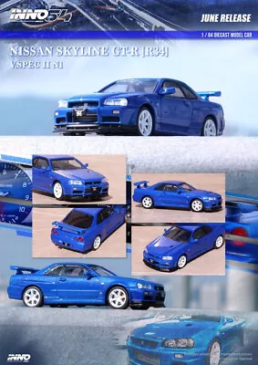 INNO64 1:64 Nissan Skyline R34 GT-T V-Spec II NUR Bayside Blue • $0.99