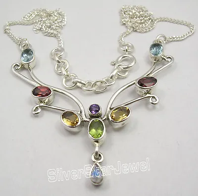 925 Solid Silver MULTICOLOR GEMSET Chain Necklace 17 3/4  BIRTHDAY GIFT • $20.50