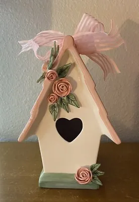 Vintage 1998 Mud Pie Ceramic Birdhouse With Pink Rosettes NIB • $29.99