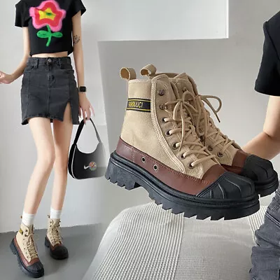 Women's Round Toe Thick Sole Hi-Top Canvas Shoes Casual Ankle Boots Biker Boots • £46.08