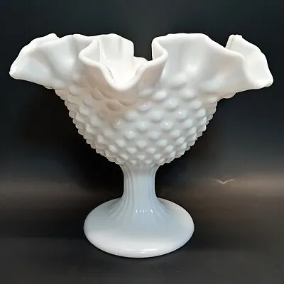 VTG Fenton White Milk Glass Hobnail Ruffled Edge Pedestal Footed Compote Dish • $19.99