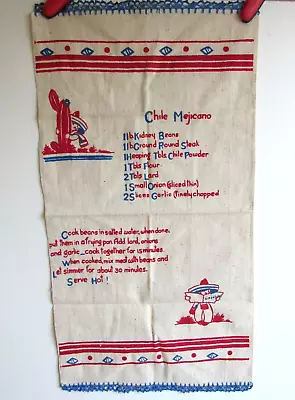 Vintage Mexican Motif Hand Kitchen Tea Towel 30 In Chile Recipe Natural Linen • $24.99