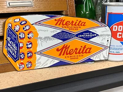 ORIGINAL 1960's  MERITA BREAD  METAL DOOR PUSH SIGN (8.5 X 4 ) NEAR MINT NICE • $98