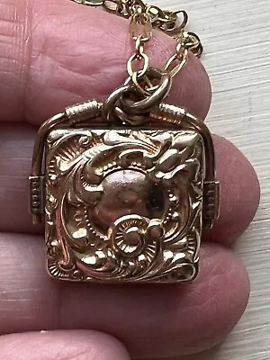 Vintage Gold Filled Locket Pendant Etched Flower Photo Square Repousee • $75