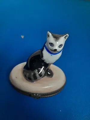 Limoges France Hand Painted Hinged Trinket Box -Black & White Cat • £18