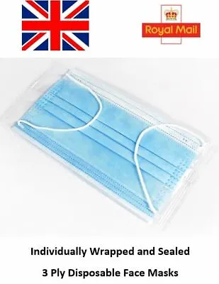 Individually Wrapped Sealed Disposable 3-Ply Surgical Face Masks Face Covers • £25.99