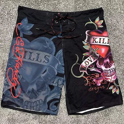 ED HARDY Christian Audigier Surf Or Die Graphic Board Shorts Men's Black Size 36 • $30