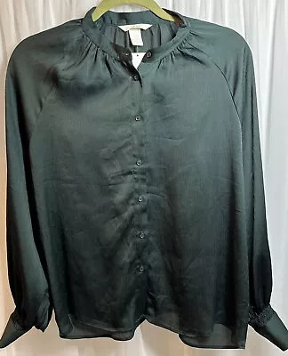 NWT H&M Womens Oversized Sheer Dark Green Button Up Long Sleeve Shirt Size 8 • $16.99