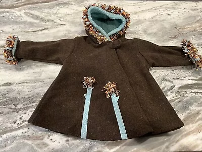 Corky & Company Brown Coat Colorful Fringe Ribbon Floral Motif Fleece Lined 4T • $19.90