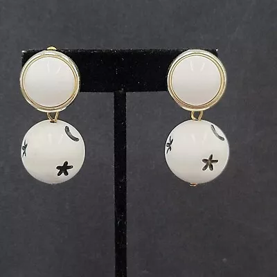 Vintage Clip On Earrings Gold Tone White Bead Moon And Stars Dangle 2  • $12