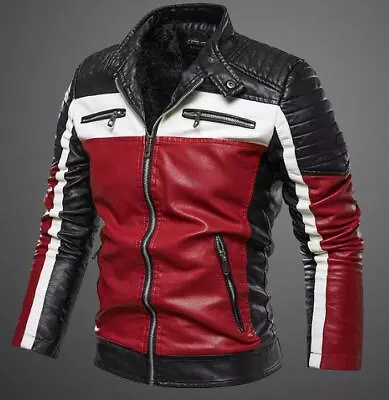 Fashion Men Color Matching Artificial Leather Slim Motorcycle Jacket • $34