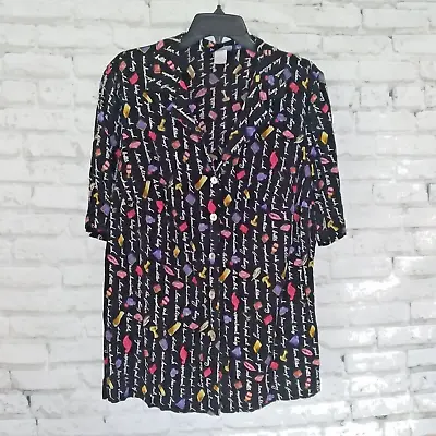 All That Jazz Shirt Womens 14 Black Short Sleeve Collared Button Up Vintage • $34.99