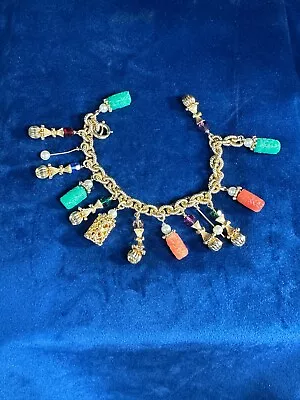 Vintage Napier Chinese Lantern 15 Charm Bracelet Gold Tone Glass Signed Asian • $11.50