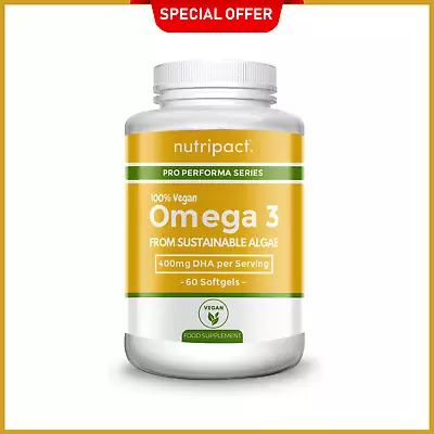 Vegan Omega 3 Algae Oil - 1000mg Per Serving -  60 Softgels - High Strength DHA • £13.99