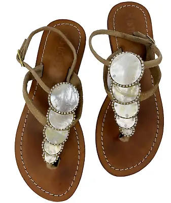 Mystique Sandals Girl's 7 Sardinia Mother Of Pearl & Crystal Leather Thong Flats • $70