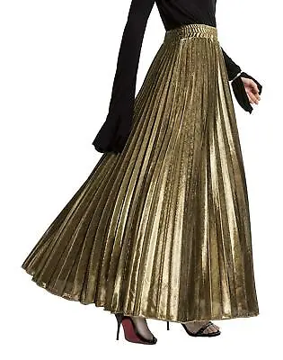 Women's Premium Metallic Shiny Shimmer Accordion Pleated Long Maxi Skirt Gold • $12.99