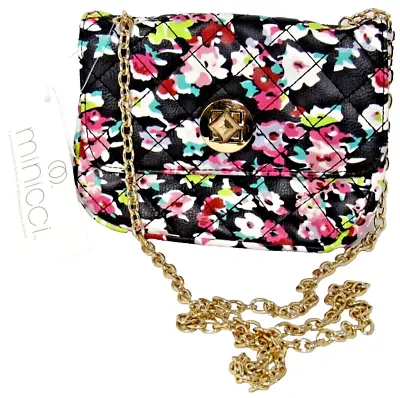 Minicci Black Floral Crossbody Handbag Clutch Spring Easter Gold Chain Strap • $16.17