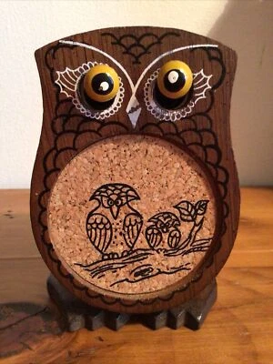 £12 • Buy Vintage Dark Wood Owl 6 Drink Coasters & Holder 1970’s Cork Base