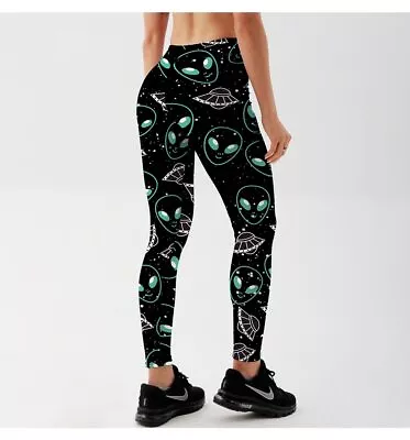 Women Girls Leggings Sports Yoga Pants Digital 3D Printed Alien Faces UFO's • $25.25