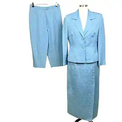 Vera Cristina Vintage Silk Linen Suit Blue 3 Piece Set Jacket Midi Skirt Capris • $72.95