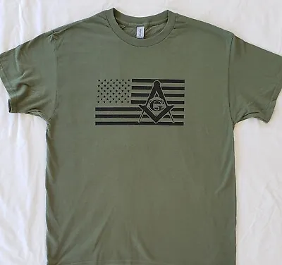 Masonic T-Shirt TEE Green Freemason USA Flag American Square Compass • $17.99
