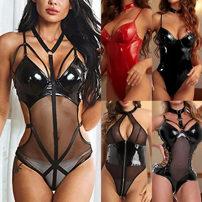 Women Sexy Mesh Bodysuit PU Leather Romper Babydoll Lingerie Leotard Nightwear • £9.29