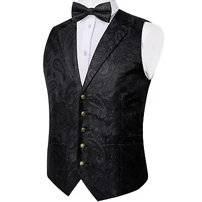 Black Silk Suit Vest Men Bow Tie Cufflinks Wedding Party Formal Waistcoat • $40.33