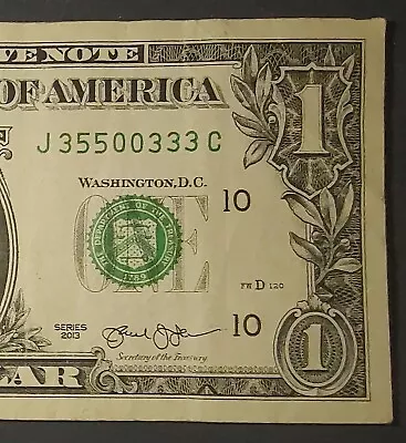 Double Double Triple 3s 5s And 0s Fancy Serial Number One Dollar Bill J35500333C • $7.50