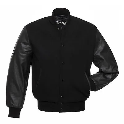 £87 • Buy Black Nero Varsity Jacket Wool & Real Leather Sleeves College Letterman Bomber