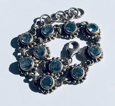 Vintage Sterling Silver W/ Blue Rhinestone Flower 8.75  Bracelet • $2.99