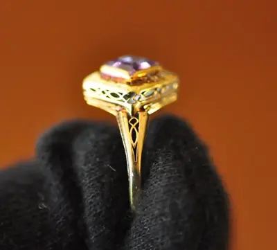 Vintage 14K Solid Gold STUNNING Delicate Filigree Amethyst Ring 2.1 Grams Size 4 • $250