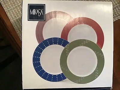 4 Mikasa Cheers Multicolor Porcelain 8 1/8  Salad Plates New In Box • $30