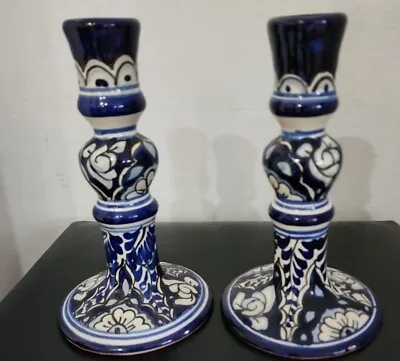 Blue And White Pottery Candlestick Pair Mexico 7 1/2   One Base Chip Read • $14.99