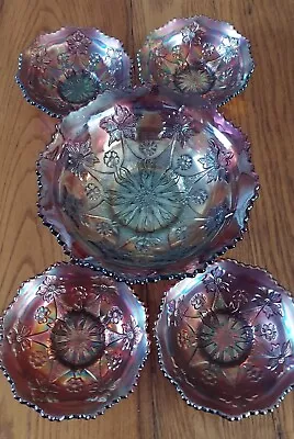 Unique Vintage Fenton Little Flowers Carnival Glass Bowls Amethyst  1 Lg 4 Sm • $45