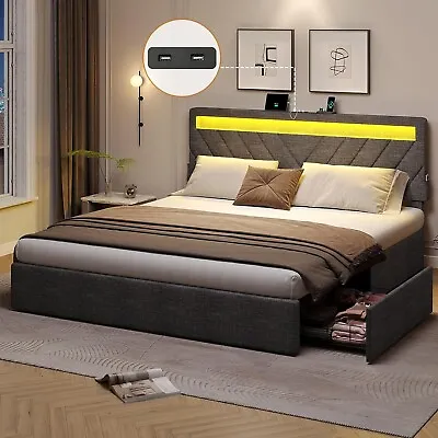 King Size Bed Frame With RGB LED Light & 4 Drawers Modern Platform Bed Dark Grey • $249.89