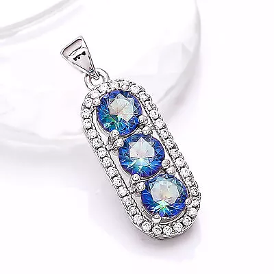 Blue Rainbow Mystic Fire Topaz CZ 925 Silver Platinum Plated Pendant 1.10  P932 • $12