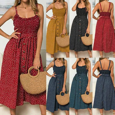 £10.49 • Buy Womens Summer Button Strappy Cami Sundress Ladies Holiday Beach Boho Midi Dress